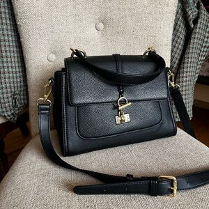 Structured Black Pebbled Leather Satchel with Gold Hardware